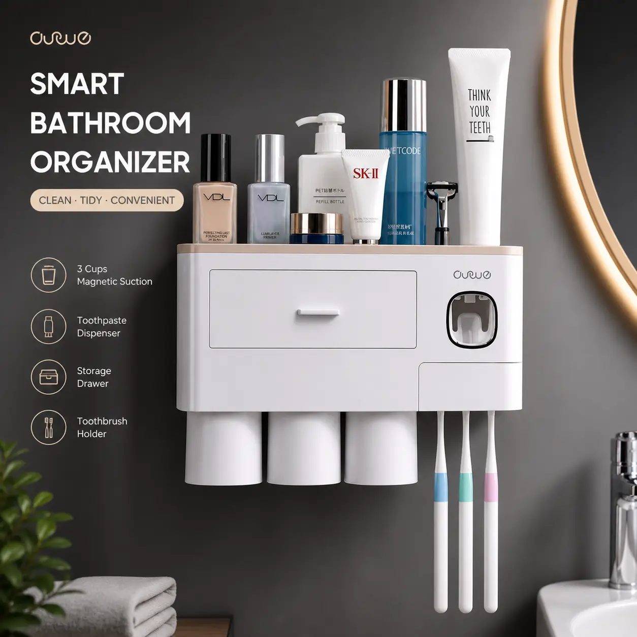 CleanSpace Pro منظم حمام جداري مع حامل فرش الأسنان