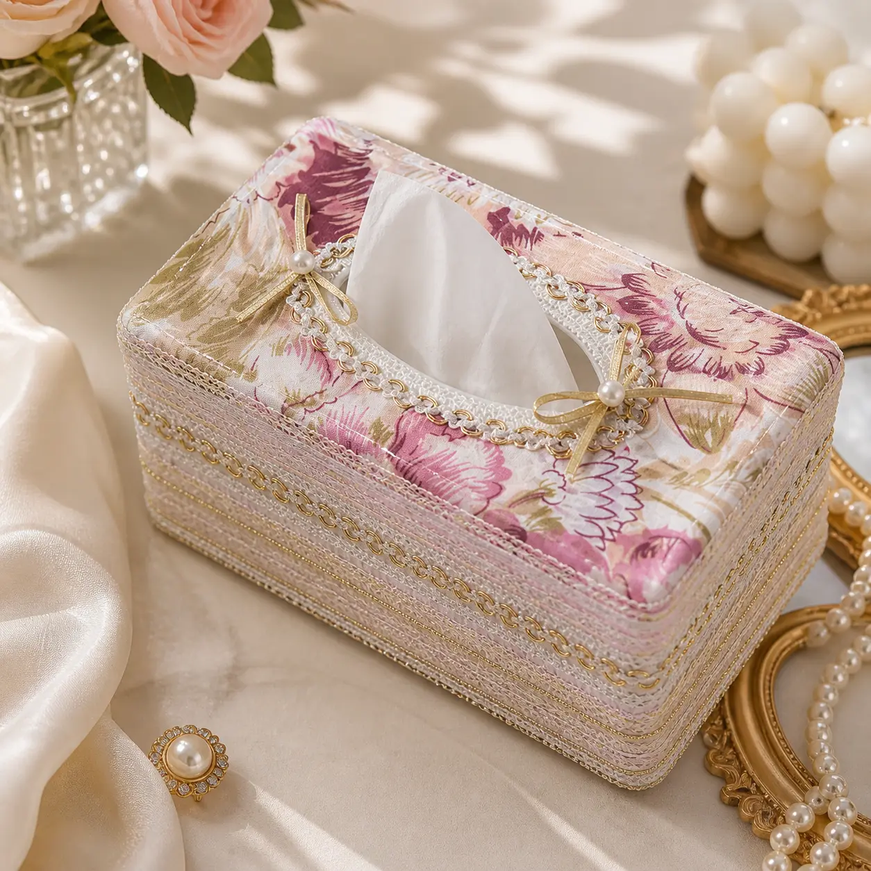 FloraLuxe™ علبة مناديل مزخرفة بتصميم زهري فاخر