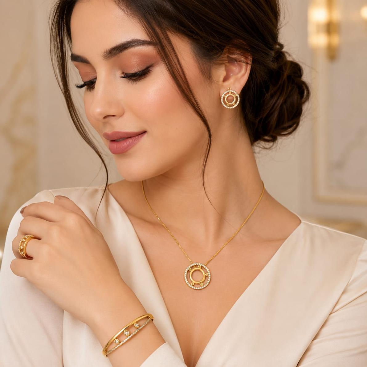 Luxury Gold-Tone Jewelry Set with Crystal Circular Design (5 pcs)