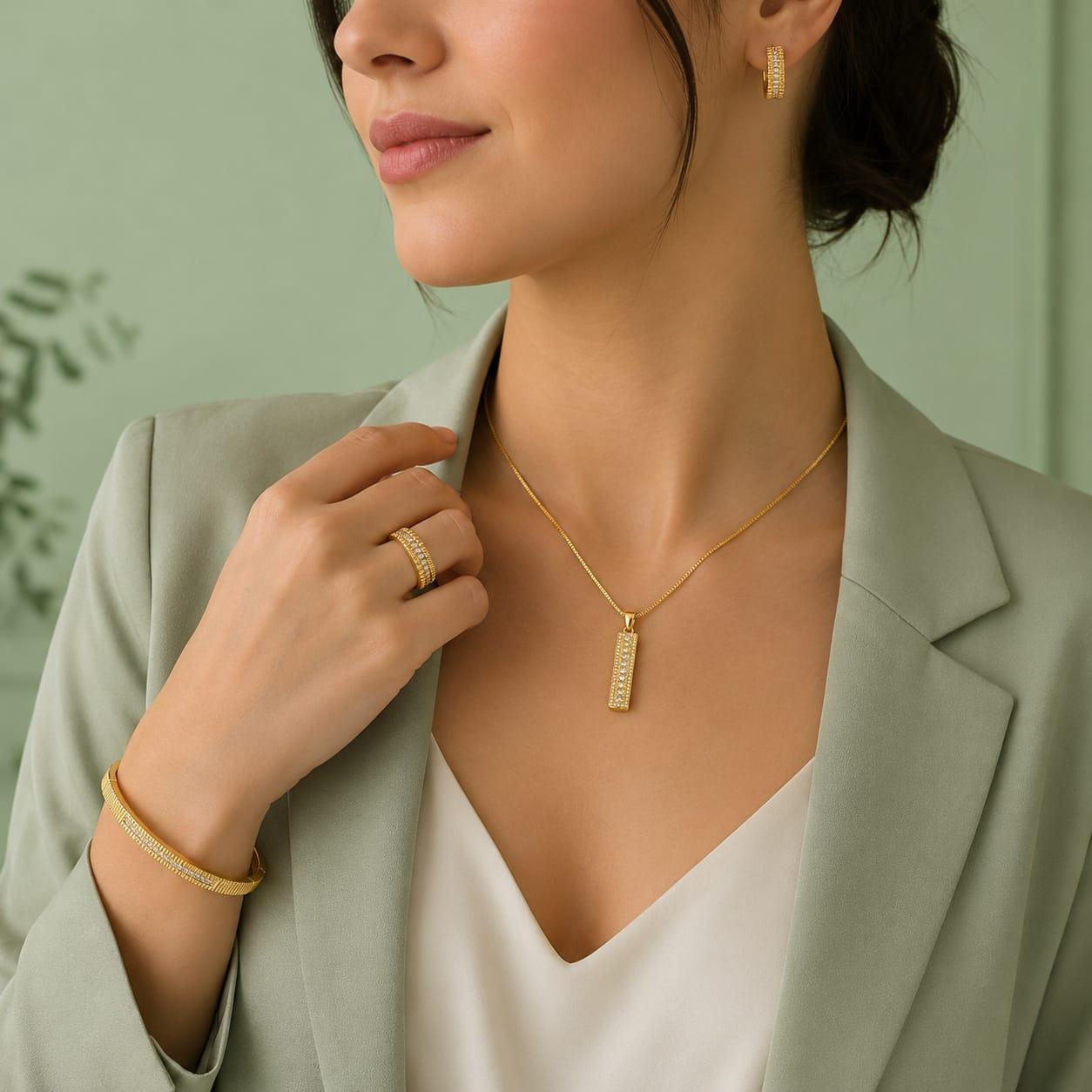 Luxury Gold-Tone Jewelry Set with Crystal Bar Design (5pcs)