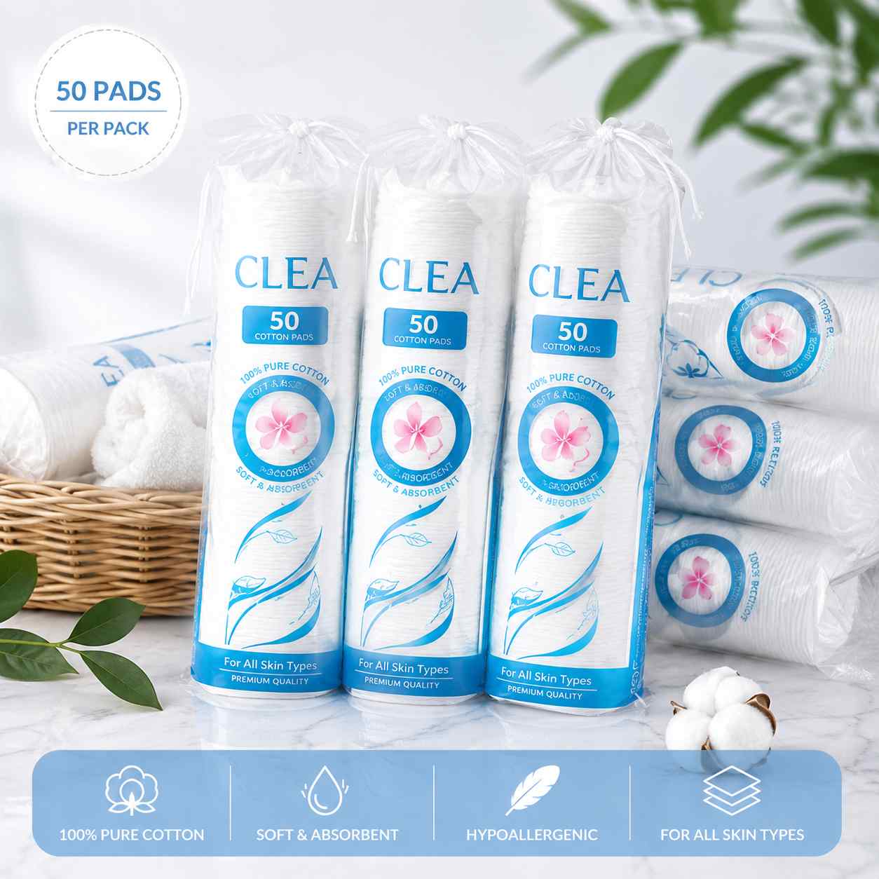 Premium Cotton Makeup Remover Pads – 50 Pieces