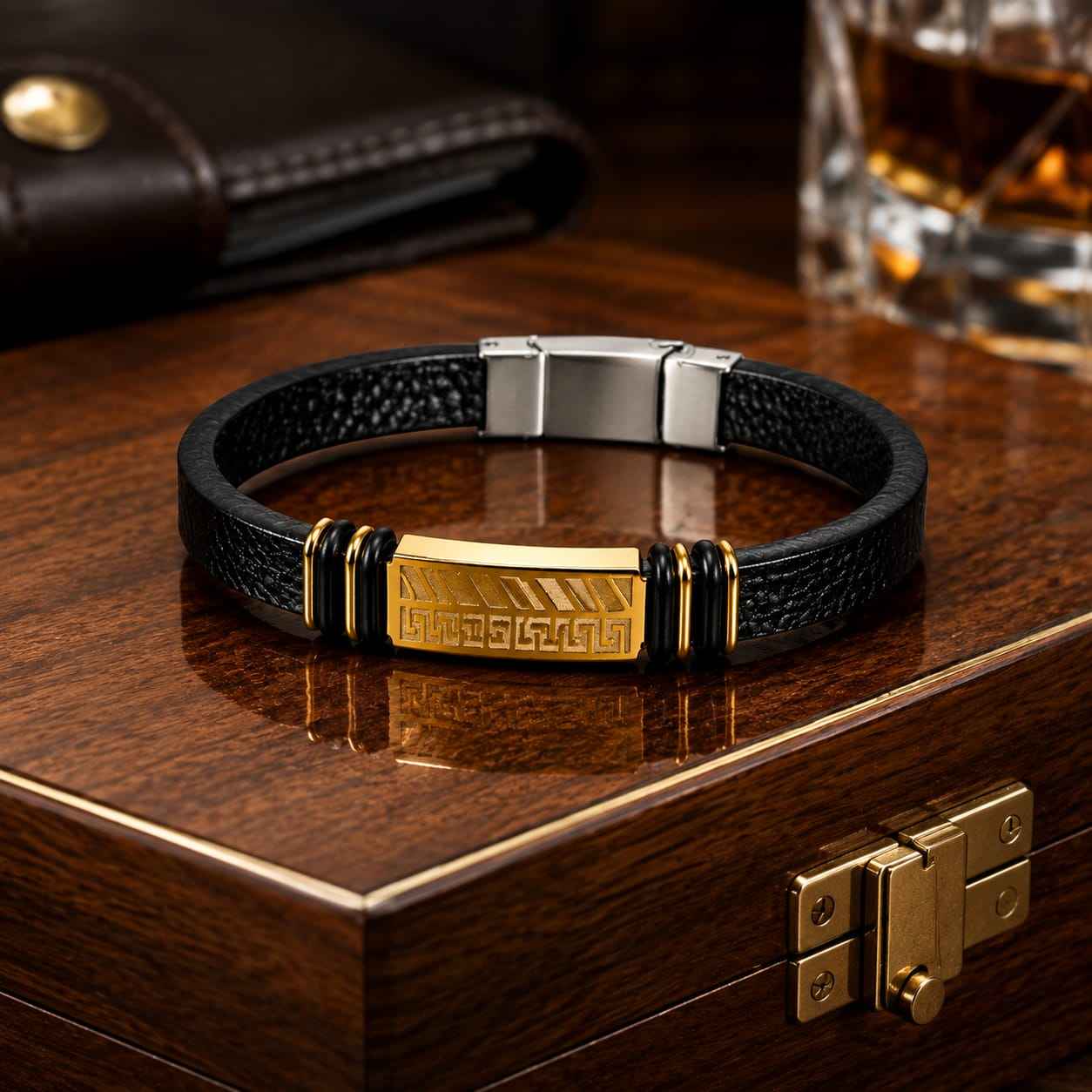 Bracelet Homme en Cuir avec Plaque Dorée Gravée
